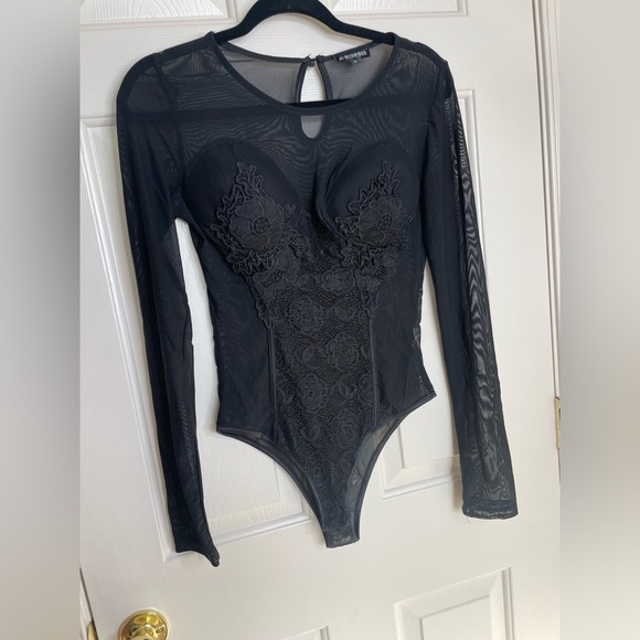 Honeypot  long sleeve sheer black padded snap enclosure bodysuit | L - Picture 1 of 11